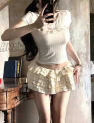 Deeptown Coquette Lace Crop T Shirts Women Sweet Girl White Bow Hollow Tees Aesthetic Korean