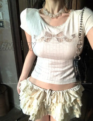 Deeptown Coquette Lace Crop T Shirts Women Sweet Girl White Bow Hollow Tees Aesthetic Korean