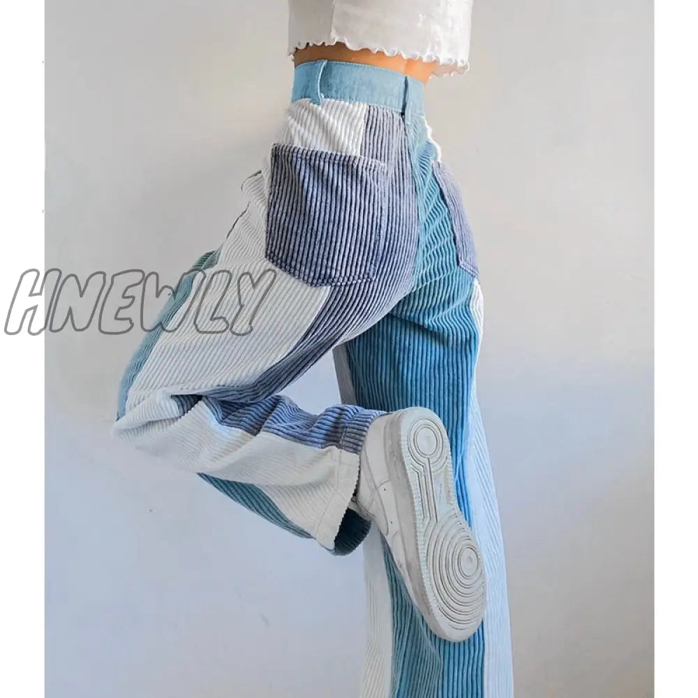 Hnewly Corduroy Pants Woman Baggy High Waist Contrast Patchwork Trousers Y2K Streetwear Casual
