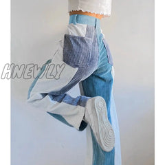 Hnewly Corduroy Pants Woman Baggy High Waist Contrast Patchwork Trousers Y2K Streetwear Casual