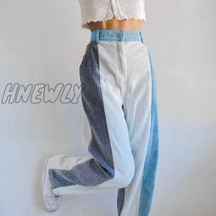 Hnewly Corduroy Pants Woman Baggy High Waist Contrast Patchwork Trousers Y2K Streetwear Casual