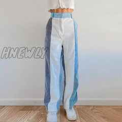 Hnewly Corduroy Pants Woman Baggy High Waist Contrast Patchwork Trousers Y2K Streetwear Casual