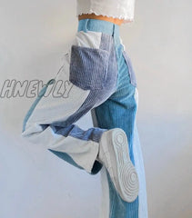 Hnewly Corduroy Pants Woman Baggy High Waist Contrast Patchwork Trousers Y2K Streetwear Casual