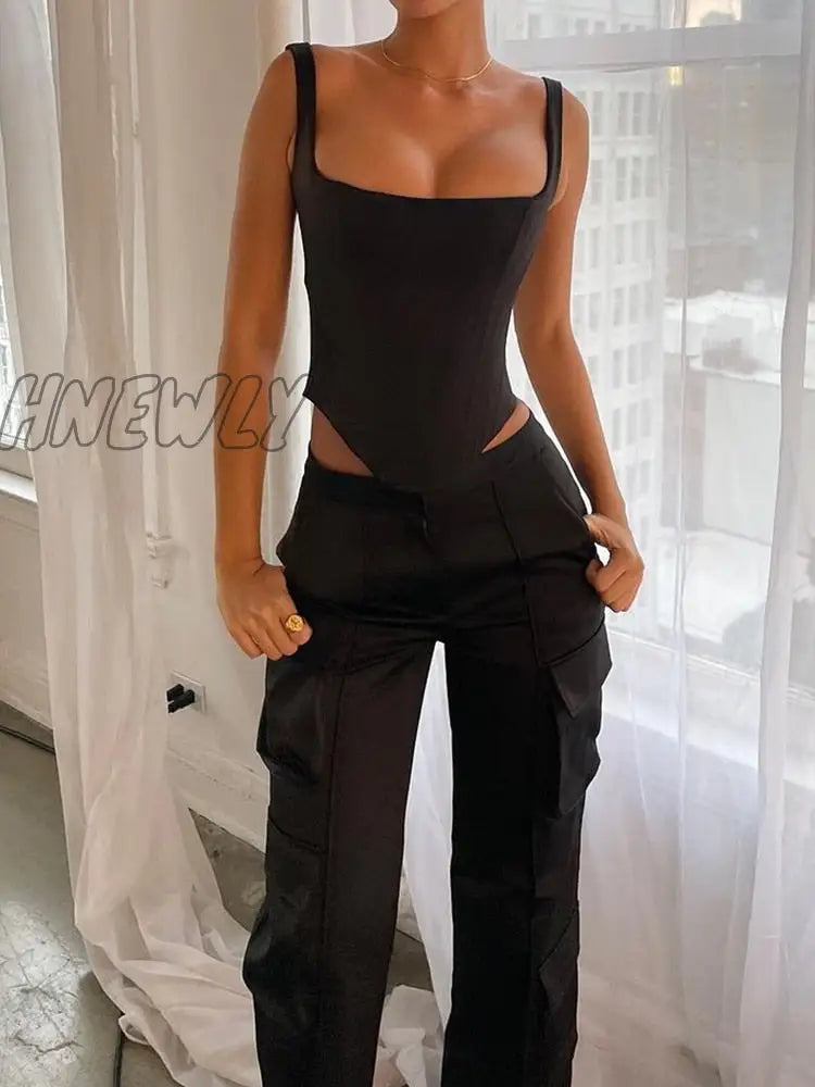 Hnewly Corset Bandage Top Women Black Camisole Short Cropped Tank Tops 2024 Summer Sexy Elegant