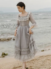 Hnewly Cottage Style Gray Lace Fairy Dress Summer Vintage Royal Flare Sleeve Square Collar Gorgeous