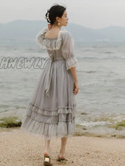 Hnewly Cottage Style Gray Lace Fairy Dress Summer Vintage Royal Flare Sleeve Square Collar Gorgeous