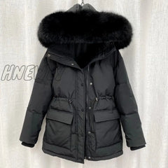 Hnewly Cotton Padded Fur Parka New Big Collar Down Winter Jacket Women Thick Warm Parkas Female