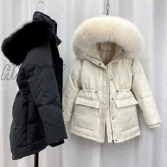Hnewly Cotton Padded Fur Parka New Big Collar Down Winter Jacket Women Thick Warm Parkas Female