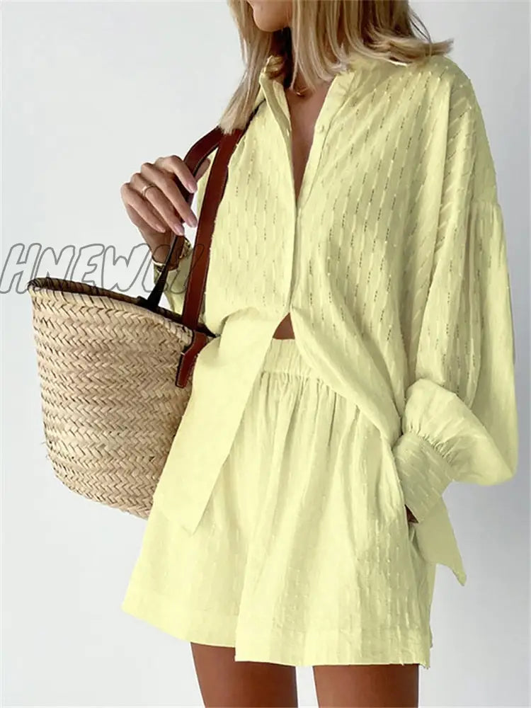 Hnewly Cotton Women’s Summer Suit Oversized Top Shirts And Shorts Two-Piece Sets Outfits White