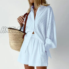 Hnewly Cotton Women’s Summer Suit Oversized Top Shirts And Shorts Two-Piece Sets Outfits White
