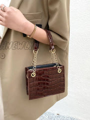 Hnewly - Croc Embossed Satchel Bag Women Satchels Coffee Brown Women-Satchels