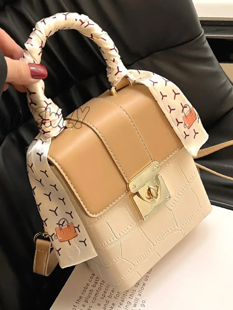 Hnewly - Crocodile Embossed Twilly Scarf Decor Square Bag Women Satchels Khaki Women-Satchels
