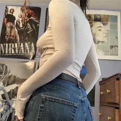 Hnewly Crop Top Women Y2K Aesthetic Solid Color V Neck Flared Sleeve T Shirt 2000S Fairy Grunge