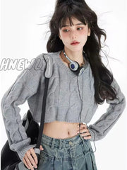 Hnewly Cropped Sweater Women Vintage Preppy Style Slim Casual Long Sleeve Knit With Shirts Y2K