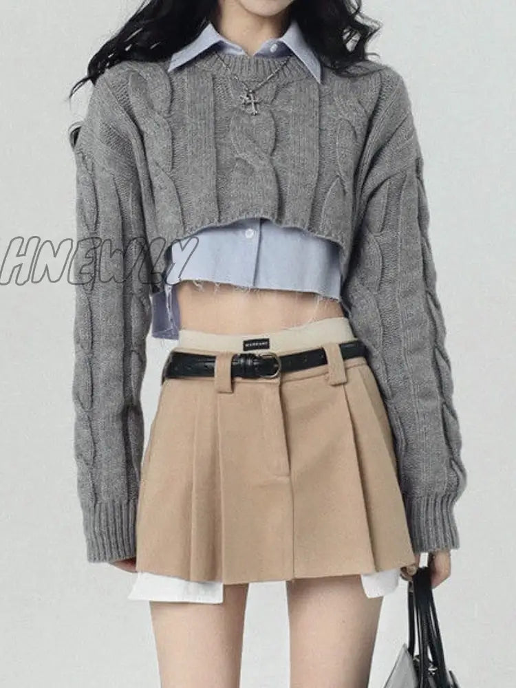 Hnewly Cropped Sweater Women Vintage Preppy Style Slim Casual Long Sleeve Knit With Shirts Y2K