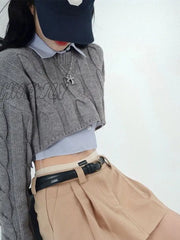 Hnewly Cropped Sweater Women Vintage Preppy Style Slim Casual Long Sleeve Knit With Shirts Y2K