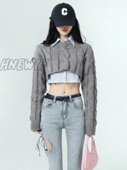 Hnewly Cropped Sweater Women Vintage Preppy Style Slim Casual Long Sleeve Knit With Shirts Y2K