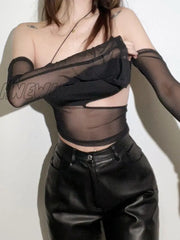 Hnewly Cut Out Mesh Crop Top With Sleeves Fairy Grunge Clothes Transparent Camisole Tank Tops