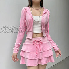 Hnewly Cutecore Sweet Pink Velour Autumn Skirt Women Korean Shirring High Waist A-Line Skirts Mini