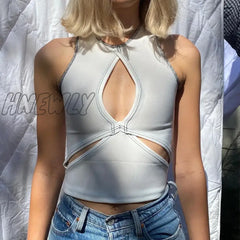 Hnewly Cyber Y2K Cut Out Crop Top Women Sleeveless T Shirts Summer Grunge Clothes Black Sexy Tight