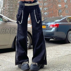 Hnewly Cyber Y2K Harujuku Baggy Pants 2000S Dark Academia Clothes Chain Zipper Split Black High