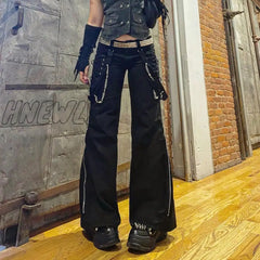 Hnewly Cyber Y2K Harujuku Baggy Pants 2000S Dark Academia Clothes Chain Zipper Split Black High