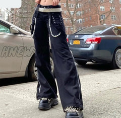 Hnewly Cyber Y2K Harujuku Baggy Pants 2000S Dark Academia Clothes Chain Zipper Split Black High