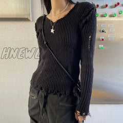 Hnewly Dark Academia Ripped Out Sweaters 90S Vintage Grunge Y2K Mall Goth Jumpers Korean Harajuku
