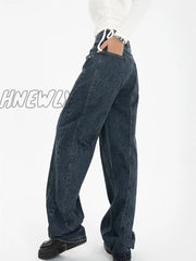 Hnewly Dark Blue Womens Jeans High Waist Vintage Straight Baggy Denim Pants Streetwear American