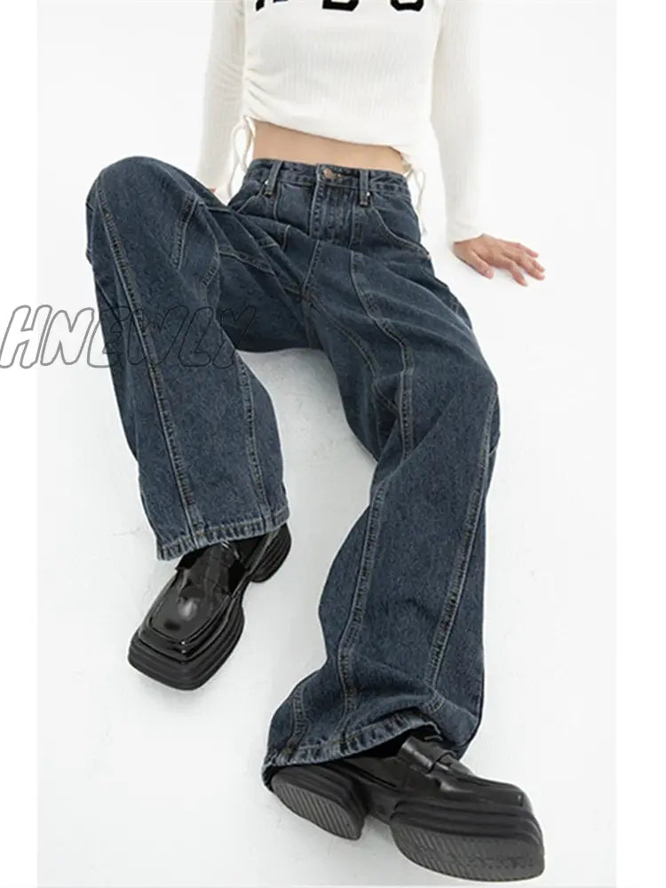 Hnewly Dark Blue Womens Jeans High Waist Vintage Straight Baggy Denim Pants Streetwear American