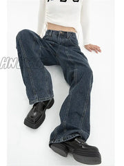 Hnewly Dark Blue Womens Jeans High Waist Vintage Straight Baggy Denim Pants Streetwear American
