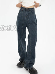 Hnewly Dark Blue Womens Jeans High Waist Vintage Straight Baggy Denim Pants Streetwear American