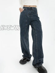 Hnewly Dark Blue Womens Jeans High Waist Vintage Straight Baggy Denim Pants Streetwear American