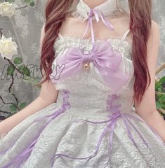 Hnewly Dark Gothic Lolita Jsk Dress Women Kawai Bow Lace Y2K Sleeveless Bandage Slip Dresses Girl