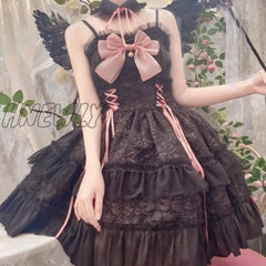 Hnewly Dark Gothic Lolita Jsk Dress Women Kawai Bow Lace Y2K Sleeveless Bandage Slip Dresses Girl