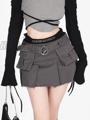 Hnewly Denim Cargo Skirt Women Vintage High Waist Pocket Belt Pleated Mini Sexy Fake Two-Piece