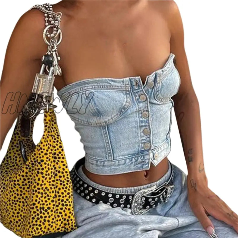 Hnewly Denim Crop Tops For Women Button Down Strapless Sleeveless Elastic Waist Vest Y2K 2000S