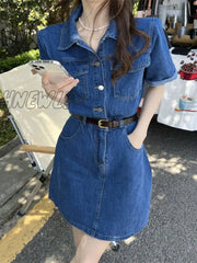 Hnewly Denim Mini Dress Women Korean Style Casual Pocket Patchwork Button Belt Short Sleeve Chic