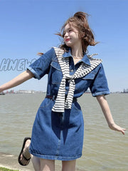 Hnewly Denim Mini Dress Women Korean Style Casual Pocket Patchwork Button Belt Short Sleeve Chic