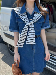 Hnewly Denim Mini Dress Women Korean Style Casual Pocket Patchwork Button Belt Short Sleeve Chic