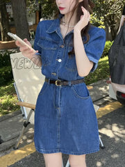 Hnewly Denim Mini Dress Women Korean Style Casual Pocket Patchwork Button Belt Short Sleeve Chic