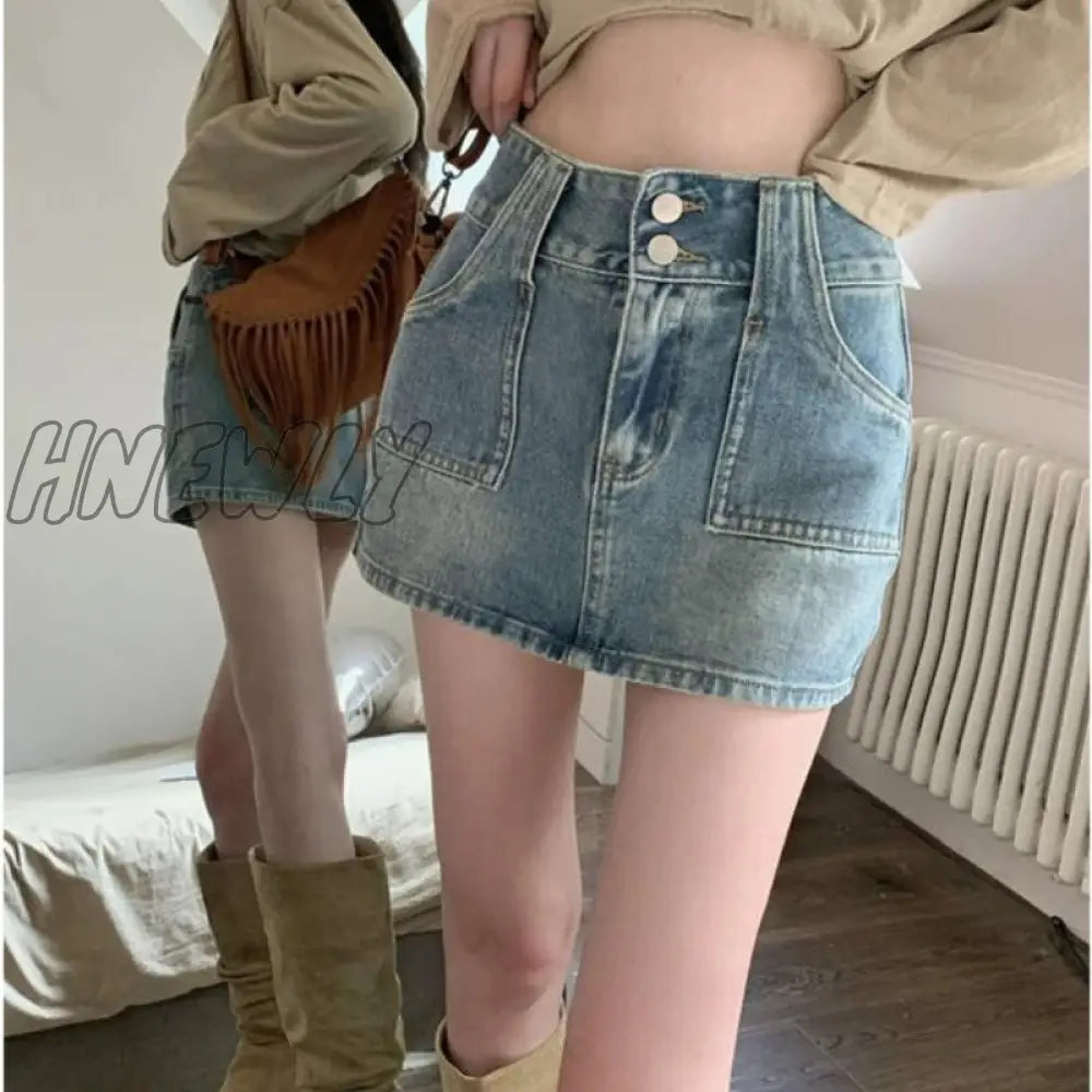 Hnewly Denim Mini Skirt Women High Waist A-Line Pockets Distressed Sexy Vintage Jeans Summer