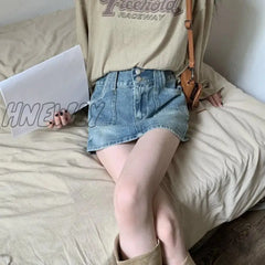 Hnewly Denim Mini Skirt Women High Waist A-Line Pockets Distressed Sexy Vintage Jeans Summer