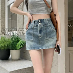Hnewly Denim Mini Skirt Women High Waist A-Line Pockets Distressed Sexy Vintage Jeans Summer