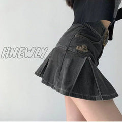 Hnewly Denim Pleated Mini Skirt Vintage Sexy High Waist A-Line Belt Women Embroidery Jean Short