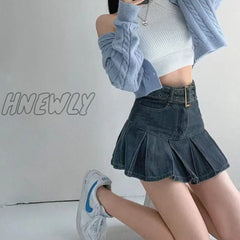 Hnewly Denim Pleated Mini Skirt Vintage Sexy High Waist A-Line Belt Women Embroidery Jean Short