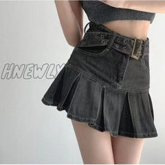 Hnewly Denim Pleated Mini Skirt Vintage Sexy High Waist A-Line Belt Women Embroidery Jean Short
