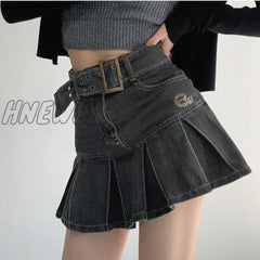 Hnewly Denim Pleated Mini Skirt Vintage Sexy High Waist A-Line Belt Women Embroidery Jean Short