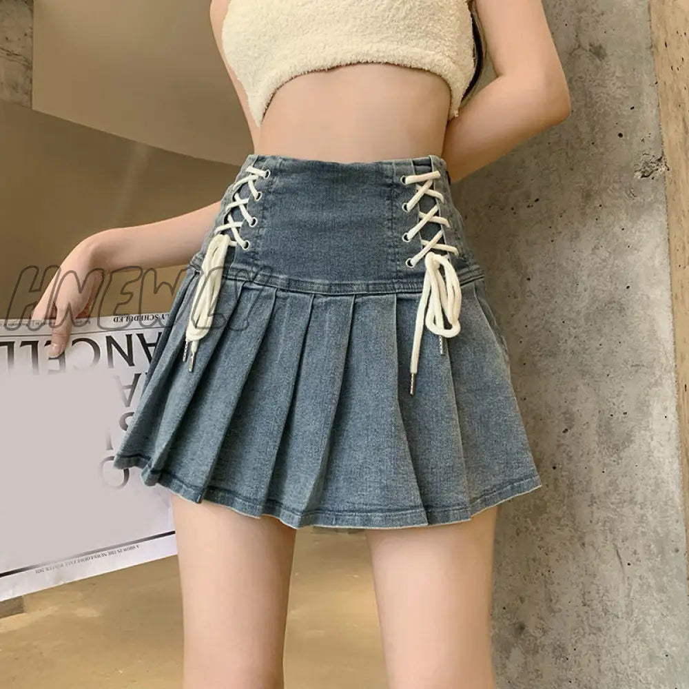 Hnewly Denim Pleated Skirt Korean Fashion Women Bandage High Waist A-Line Cute Sexy Cargo Jean Mini