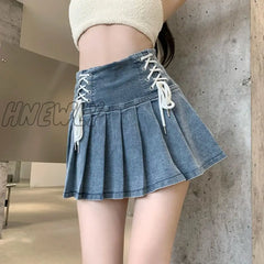 Hnewly Denim Pleated Skirt Korean Fashion Women Bandage High Waist A-Line Cute Sexy Cargo Jean Mini
